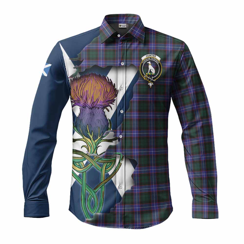 Tartan Vibes Clothing Hunter (Hunterston) Tartan Family Crest Long Sleeve Button Shirt Scottish Thistle Celtic Inspired