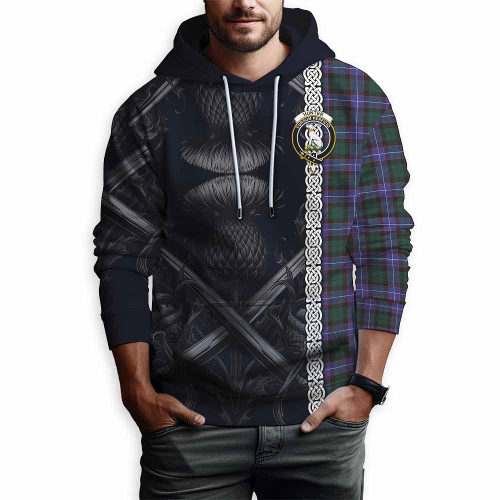 Tartan Vibes Clothing Hunter (Hunterston) Tartan Hoodie with Family Crest Cross Sword Thistle Celtic Vibes
