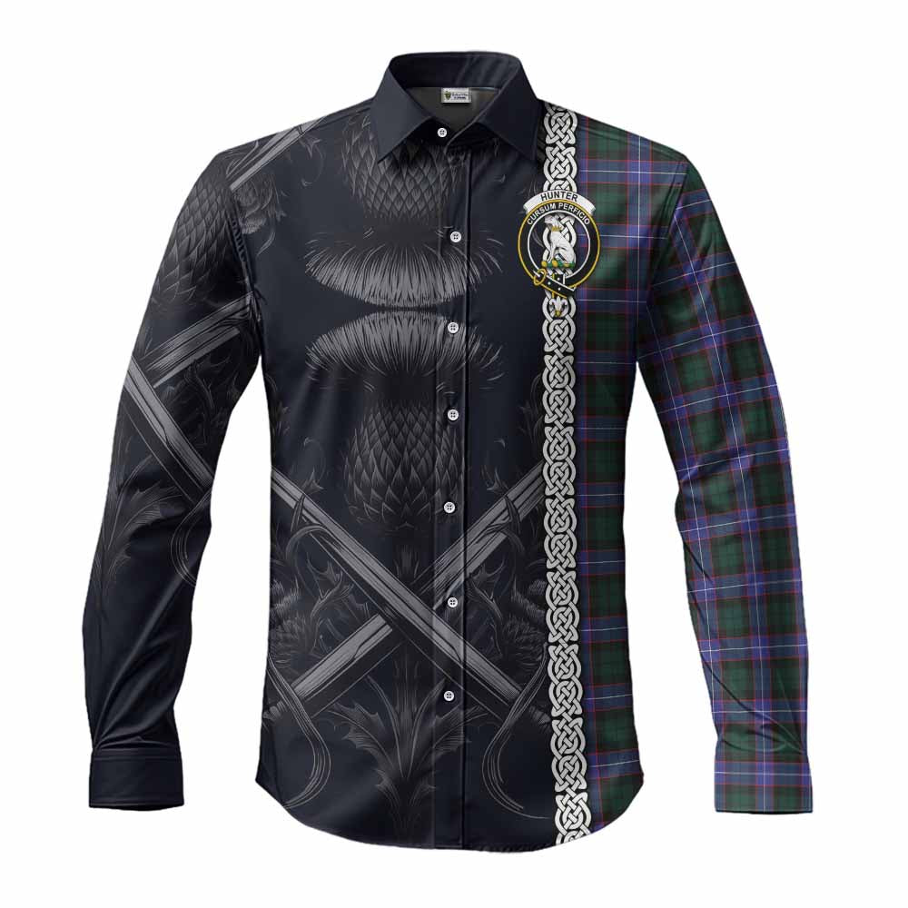 Tartan Vibes Clothing Hunter (Hunterston) Tartan Long Sleeve Button Shirt with Family Crest Cross Sword Thistle Celtic Vibes