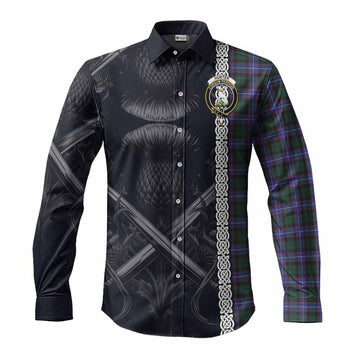 Tartan Vibes Clothing Hunter (Hunterston) Tartan Long Sleeve Button Shirt with Family Crest Cross Sword Thistle Celtic Vibes