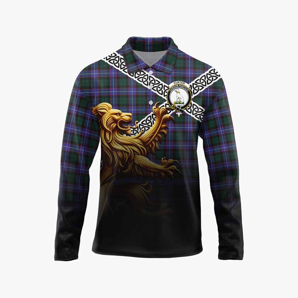 Tartan Vibes Clothing Hunter (Hunterston) Crest Tartan Long Sleeve Polo Shirt with Golden Lion Emblem Celtic Style