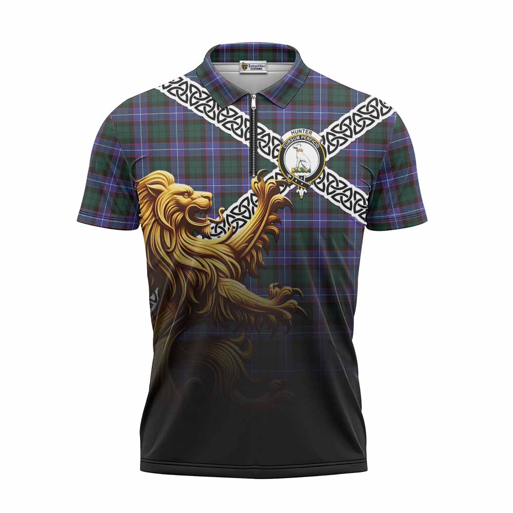 Tartan Vibes Clothing Hunter (Hunterston) Crest Tartan Zipper Polo Shirt with Golden Lion Emblem Celtic Style