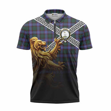 Hunter (Hunterston) Crest Tartan Zipper Polo Shirt with Golden Lion Emblem Celtic Style