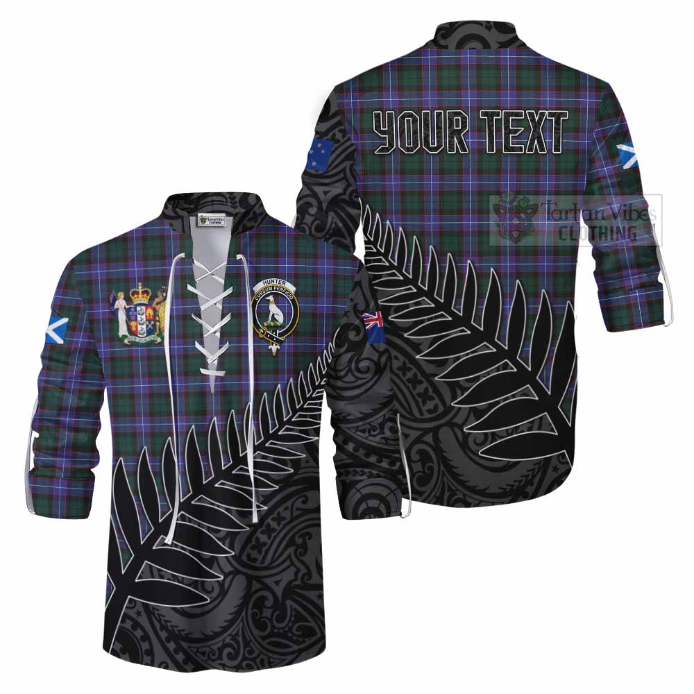 Tartan Vibes Clothing Hunter (Hunterston) Crest Tartan Ghillie Kilt Shirt with New Zealand Silver Fern Half Style