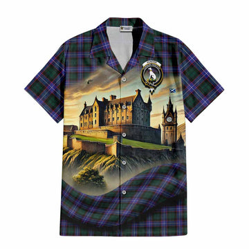 Tartan Vibes Clothing Hunter (Hunterston) Tartan Family Crest Short Sleeve Button Shirt with Scottish Ancient Castle Style