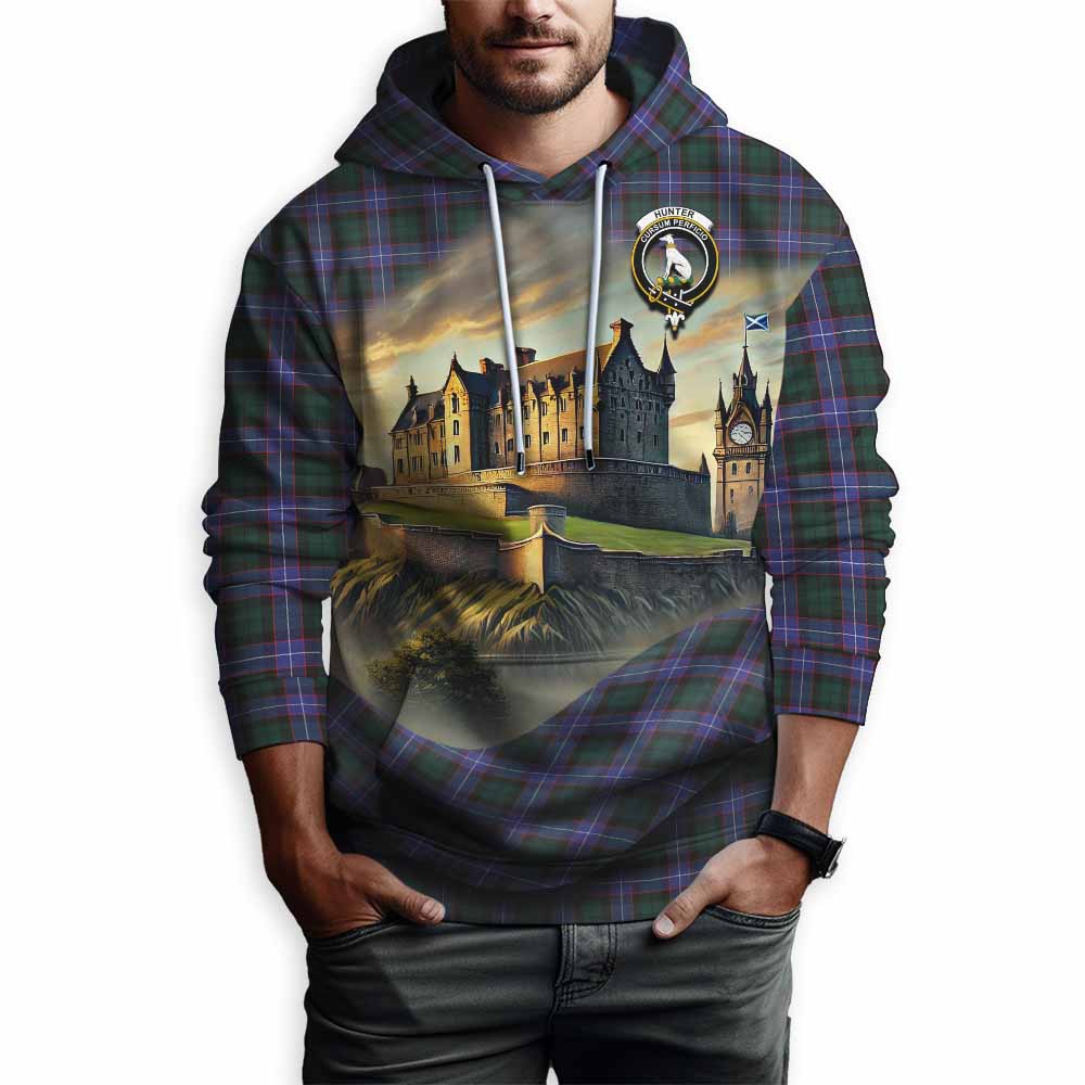 Tartan Vibes Clothing Hunter (Hunterston) Tartan Family Crest Hoodie with Scottish Ancient Castle Style