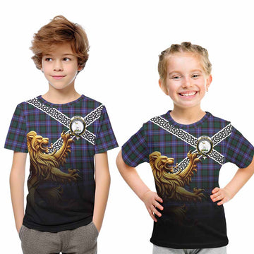 Hunter (Hunterston) Crest Tartan Kid T-Shirt with Golden Lion Emblem Celtic Style
