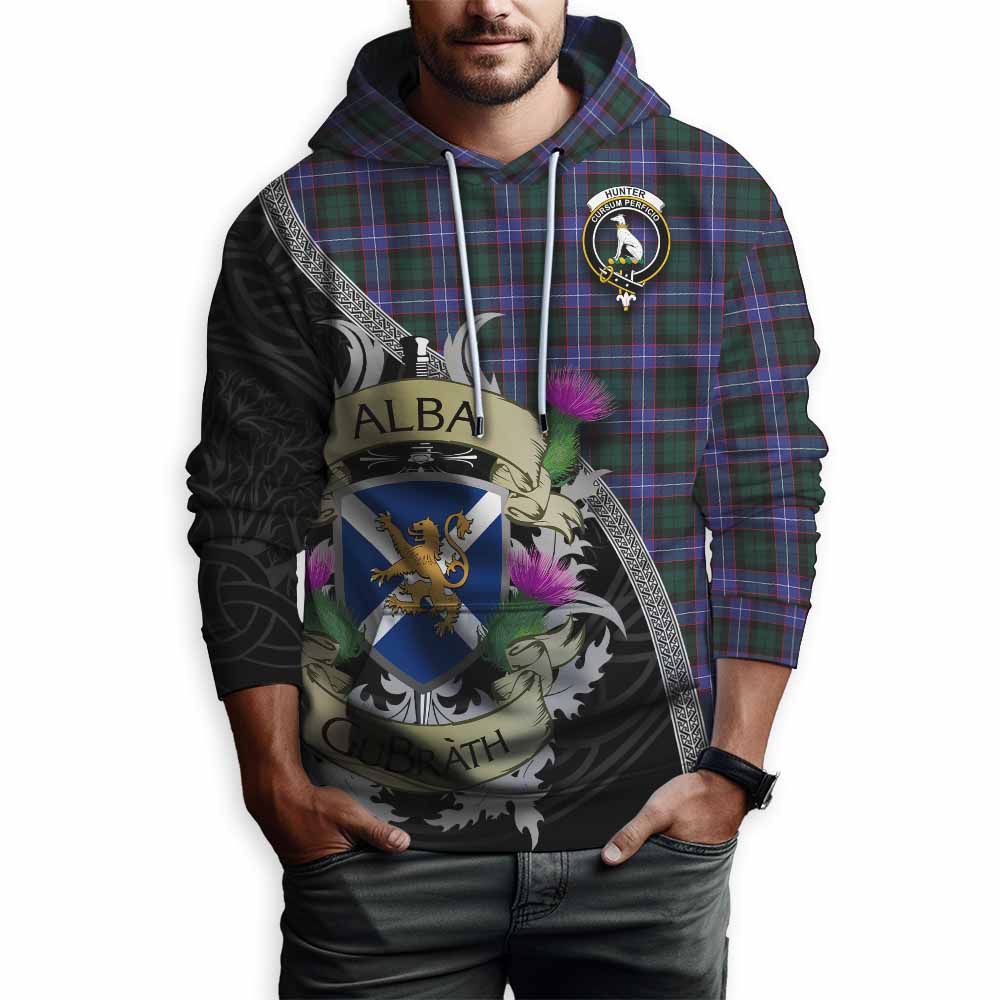 Tartan Vibes Clothing Hunter (Hunterston) Tartan Family Crest Hoodie Lion Rampant Royal Thistle Shield Celtic Inspired