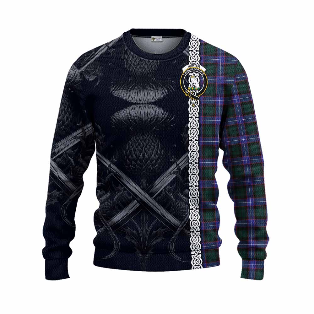 Tartan Vibes Clothing Hunter (Hunterston) Tartan Knitted Sweater with Family Crest Cross Sword Thistle Celtic Vibes