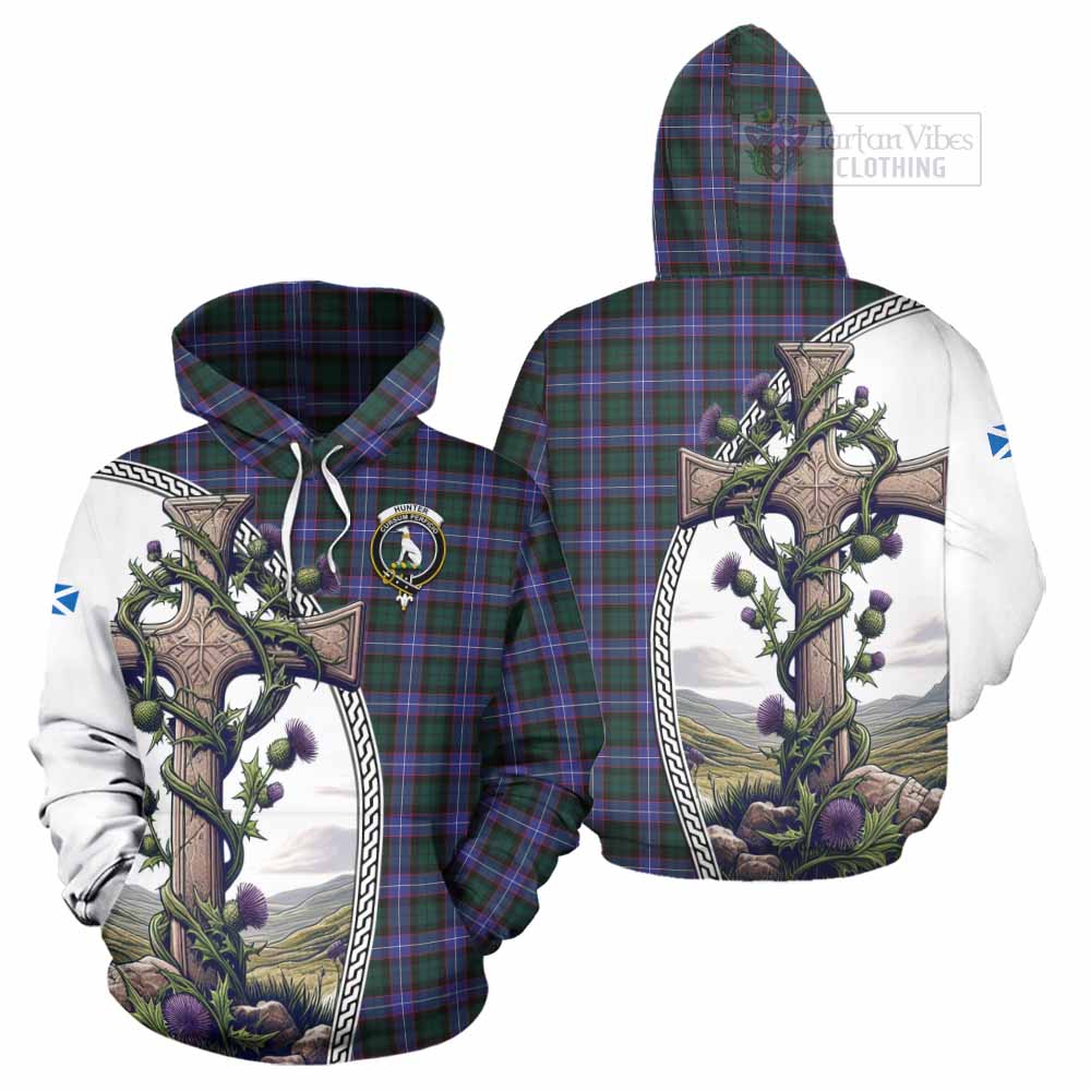 Tartan Vibes Clothing Hunter (Hunterston) Tartan Hoodie with Family Crest and St. Andrew's Cross Accented by Thistle Vines