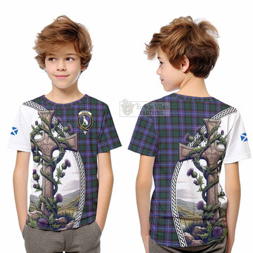 Tartan Vibes Clothing Hunter (Hunterston) Tartan Kid T-Shirt with Family Crest and St. Andrew's Cross Accented by Thistle Vines