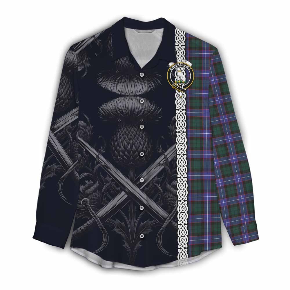 Tartan Vibes Clothing Hunter (Hunterston) Tartan Women's Casual Shirt with Family Crest Cross Sword Thistle Celtic Vibes