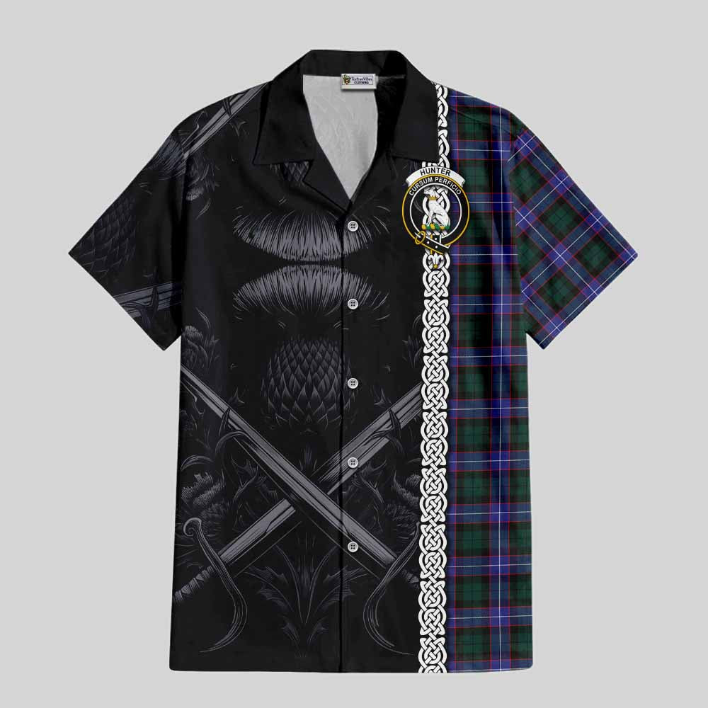 Tartan Vibes Clothing Hunter (Hunterston) Tartan Short Sleeve Button Shirt with Family Crest Cross Sword Thistle Celtic Vibes