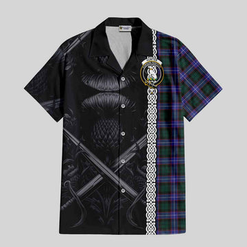 Tartan Vibes Clothing Hunter (Hunterston) Tartan Short Sleeve Button Shirt with Family Crest Cross Sword Thistle Celtic Vibes