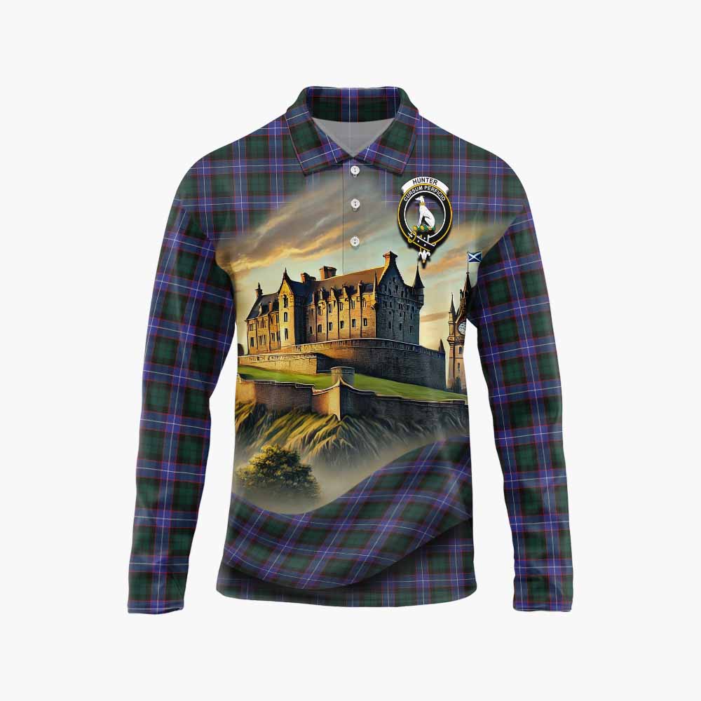 Tartan Vibes Clothing Hunter (Hunterston) Tartan Family Crest Long Sleeve Polo Shirt with Scottish Ancient Castle Style