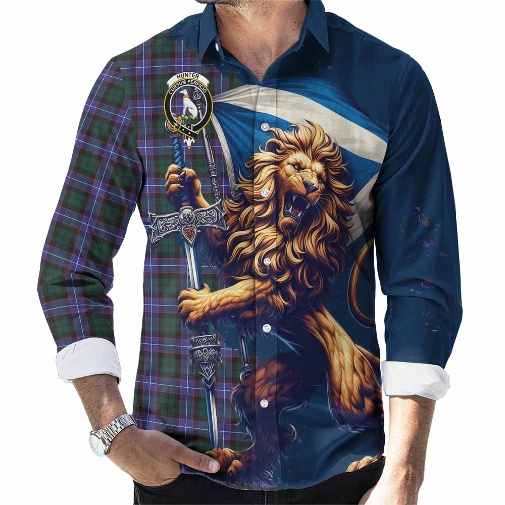 Tartan Vibes Clothing Hunter (Hunterston) Tartan Family Crest Long Sleeve Button Shirt with Scottish Majestic Lion