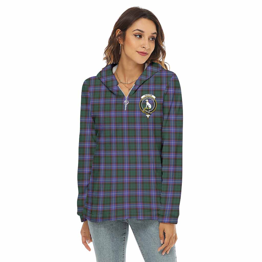 Tartan Vibes Clothing Hunter (Hunterston) Tartan Crest Women's Borg  Half Zip Fleece Hoodie