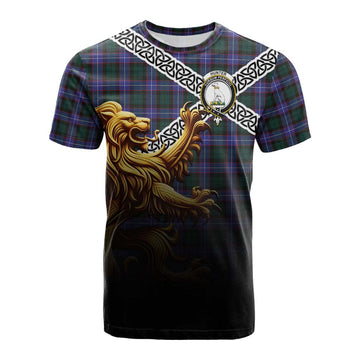 Hunter (Hunterston) Crest Tartan Cotton T-shirt with Golden Lion Emblem Celtic Style