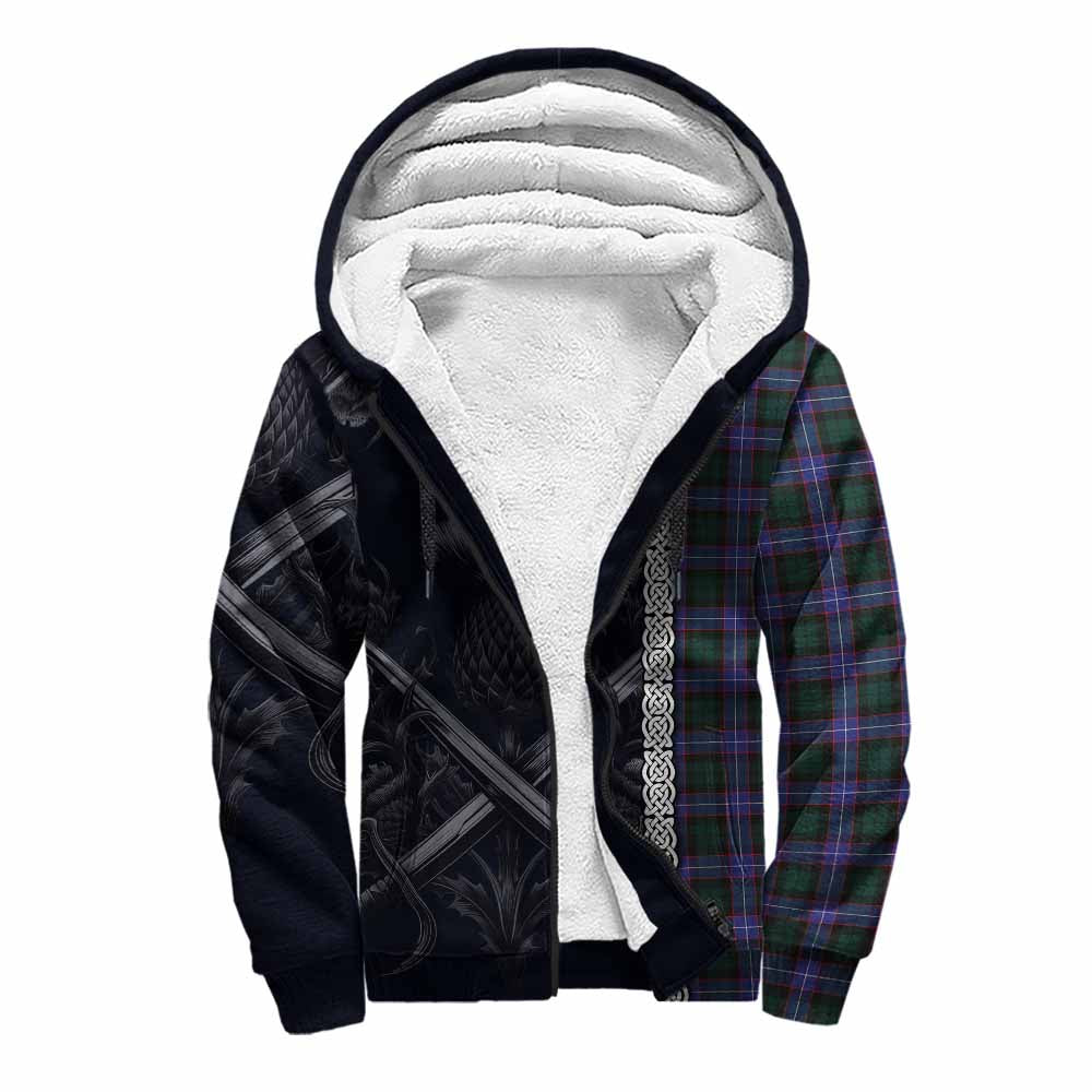 Tartan Vibes Clothing Hunter (Hunterston) Tartan Sherpa Hoodie with Family Crest Cross Sword Thistle Celtic Vibes