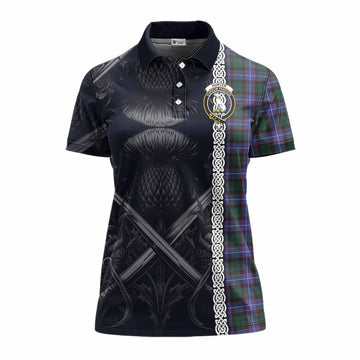 Hunter (Hunterston) Tartan Women's Polo Shirt with Family Crest Cross Sword Thistle Celtic Vibes