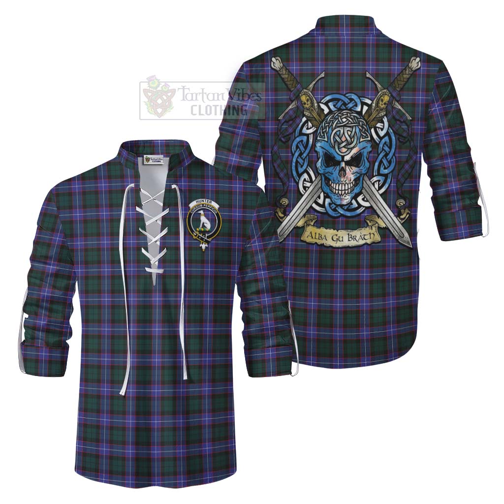 Tartan Vibes Clothing Hunter (Hunterston) Tartan Ghillie Kilt Shirt with Family Crest Celtic Skull Style