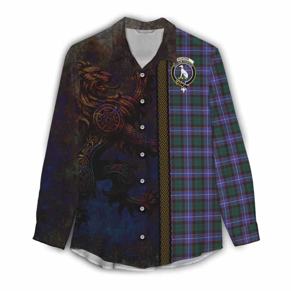 Tartan Vibes Clothing Hunter (Hunterston) Tartan Family Crest Women's Casual Shirt Alba Gu Brath Be Brave Lion Ancient Style