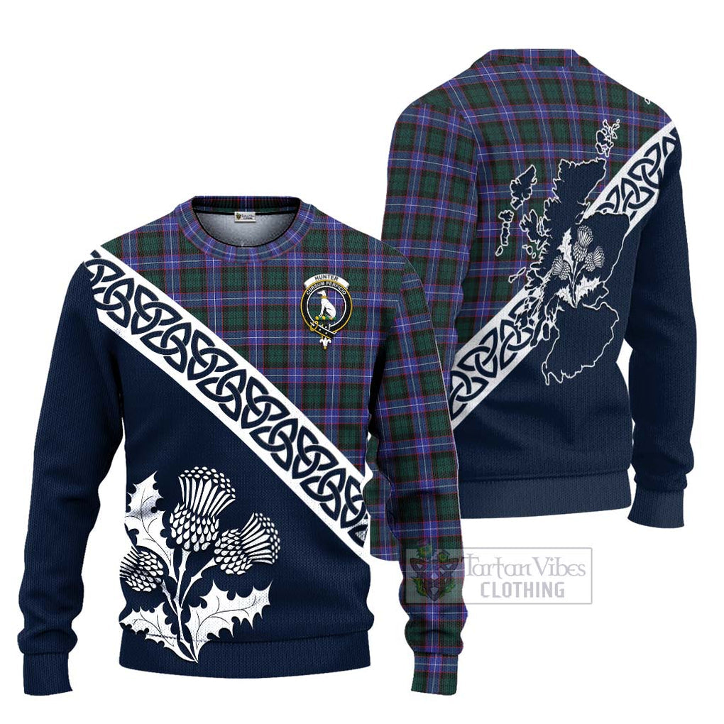 Tartan Vibes Clothing Hunter (Hunterston) Tartan Knitted Sweater Featuring Thistle and Scotland Map