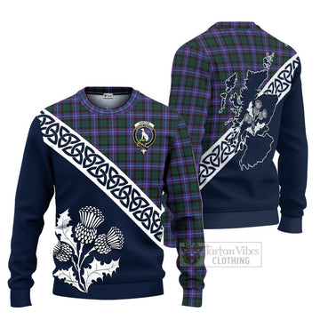 Tartan Vibes Clothing Hunter (Hunterston) Tartan Knitted Sweater Featuring Thistle and Scotland Map