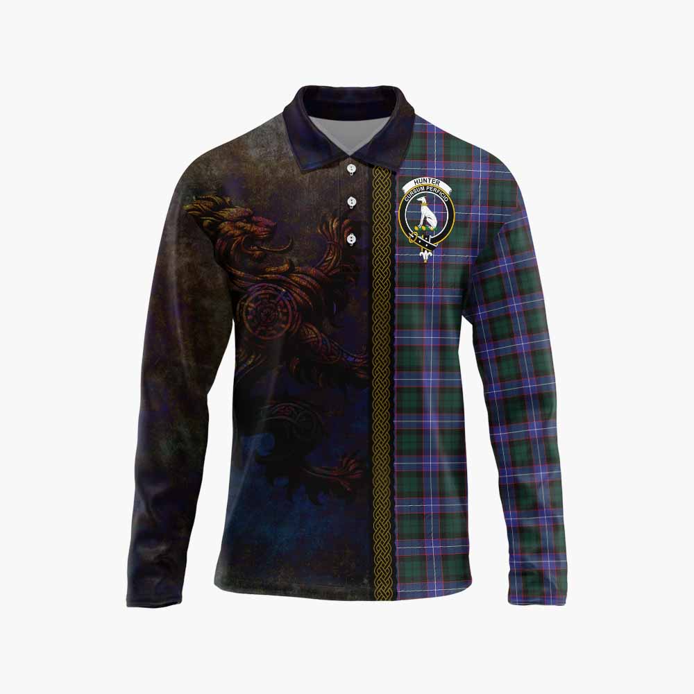 Tartan Vibes Clothing Hunter (Hunterston) Tartan Family Crest Long Sleeve Polo Shirt Alba Gu Brath Be Brave Lion Ancient Style