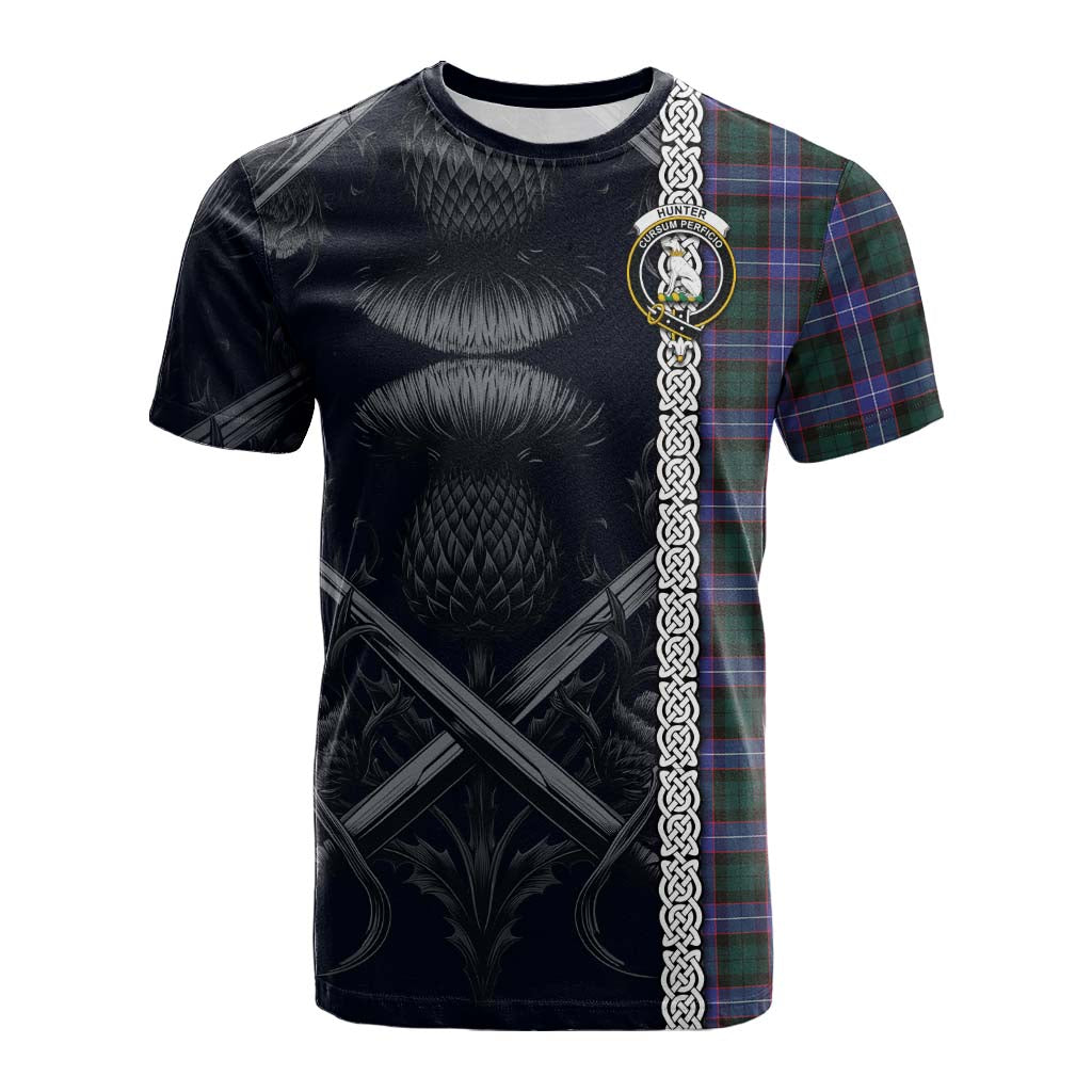 Tartan Vibes Clothing Hunter (Hunterston) Tartan Cotton T-shirt with Family Crest Cross Sword Thistle Celtic Vibes