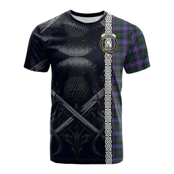 Tartan Vibes Clothing Hunter (Hunterston) Tartan Cotton T-shirt with Family Crest Cross Sword Thistle Celtic Vibes