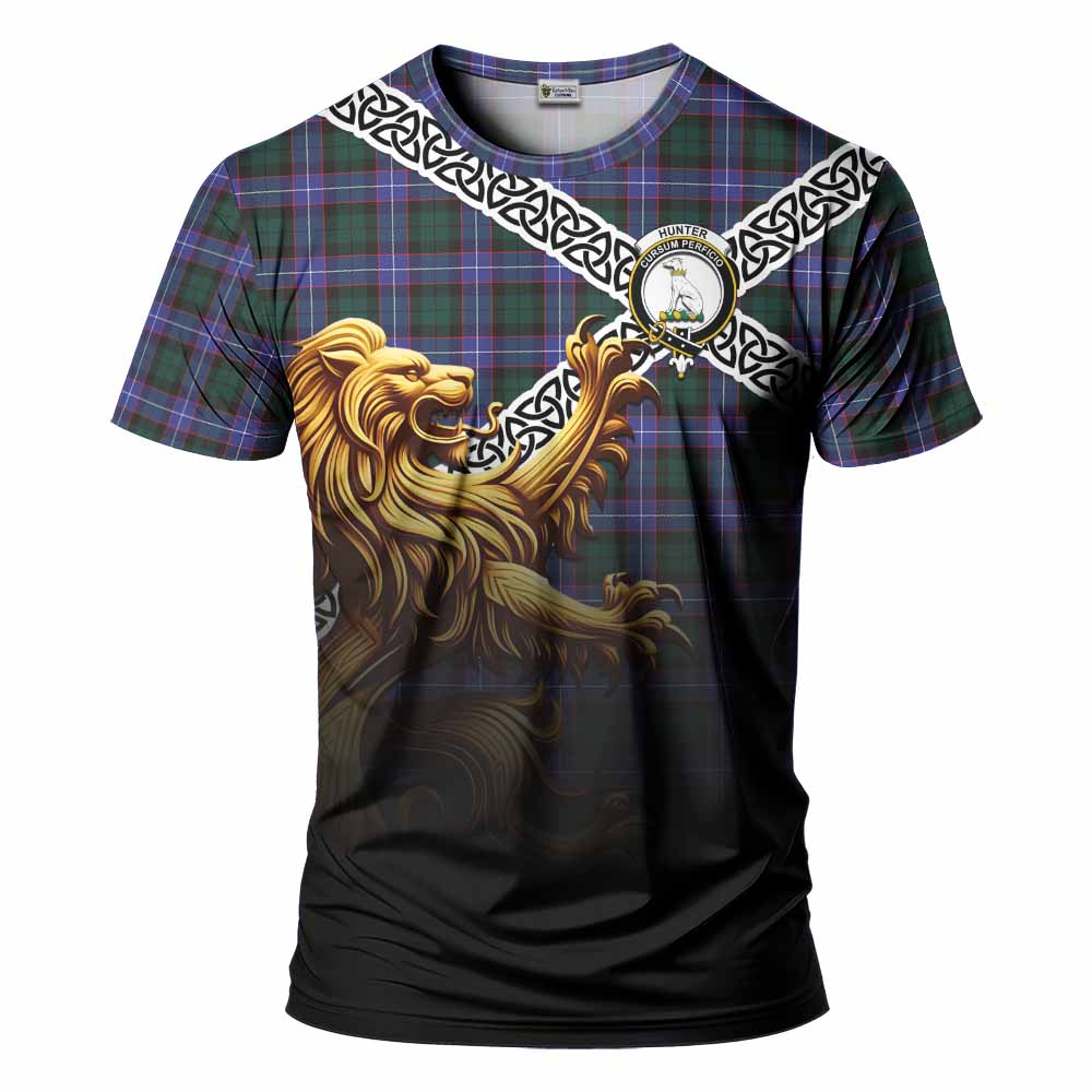 Tartan Vibes Clothing Hunter (Hunterston) Crest Tartan T-Shirt with Golden Lion Emblem Celtic Style