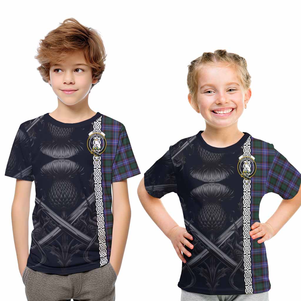 Tartan Vibes Clothing Hunter (Hunterston) Tartan Kid T-Shirt with Family Crest Cross Sword Thistle Celtic Vibes
