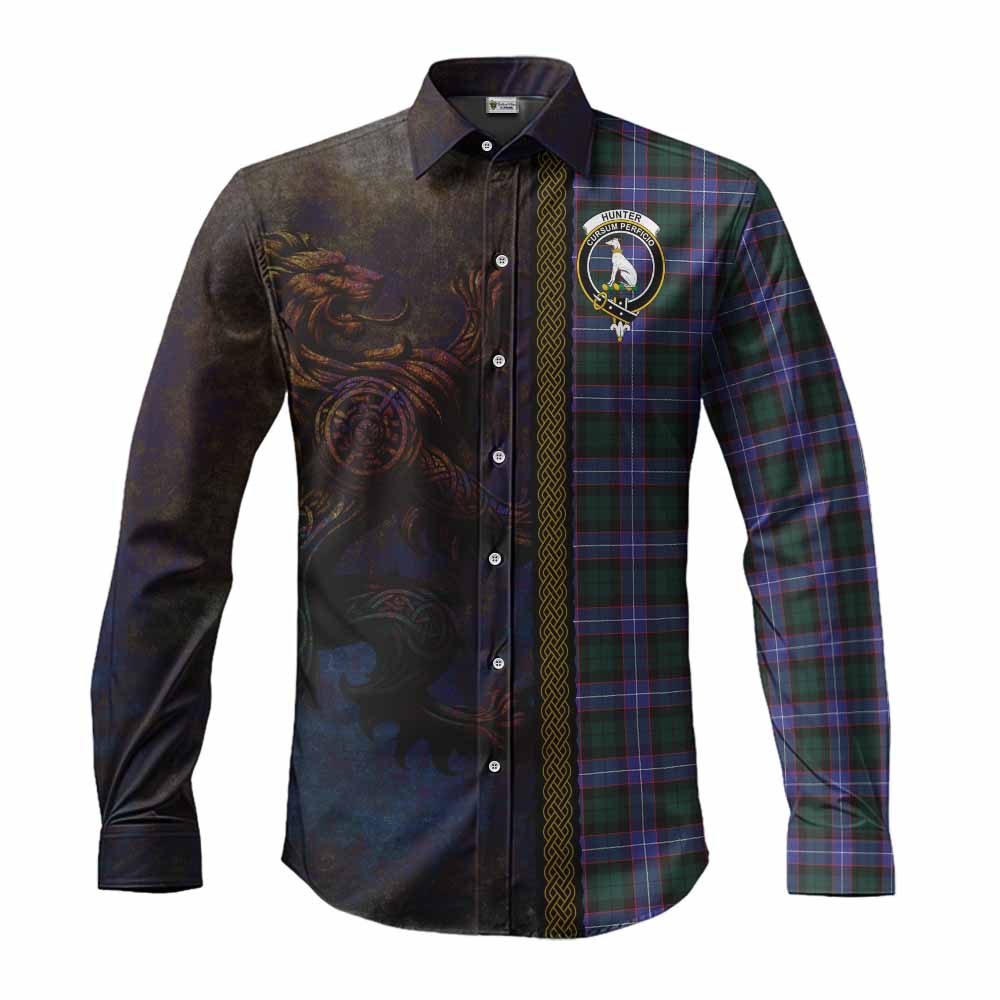 Tartan Vibes Clothing Hunter (Hunterston) Tartan Family Crest Long Sleeve Button Shirt Alba Gu Brath Be Brave Lion Ancient Style