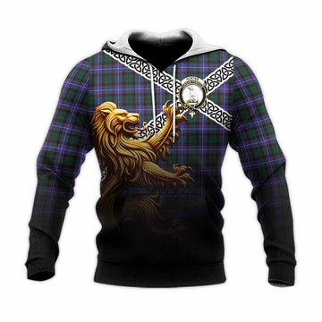 Hunter (Hunterston) Crest Tartan Knitted Hoodie with Golden Lion Emblem Celtic Style