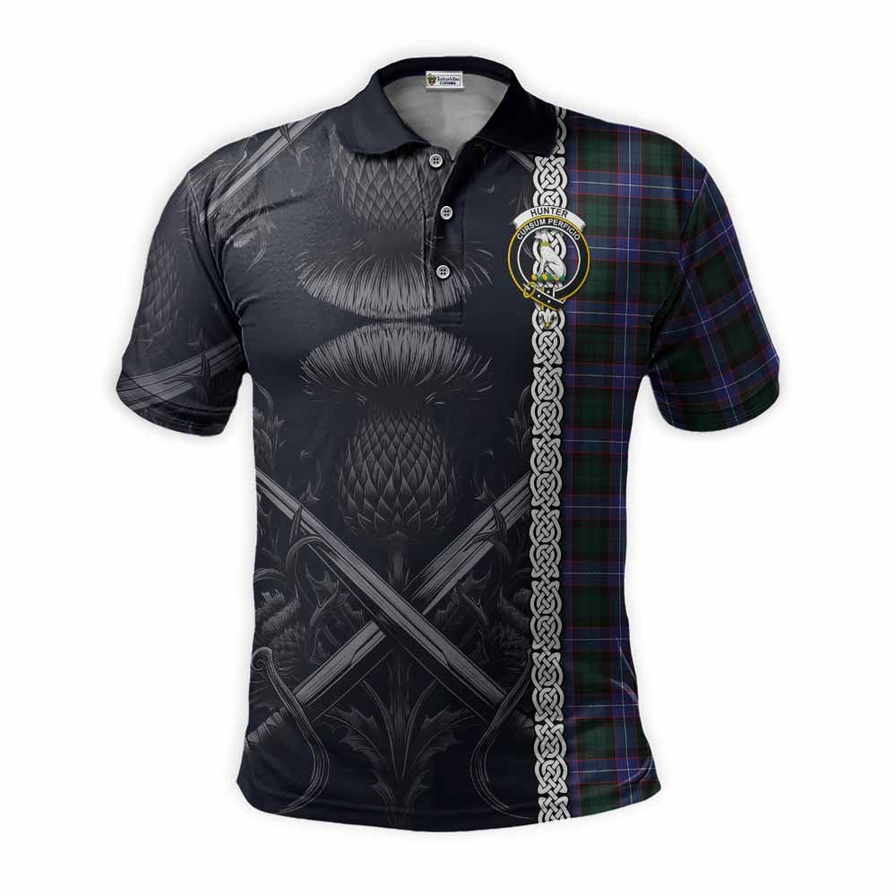 Tartan Vibes Clothing Hunter (Hunterston) Tartan Polo Shirt with Family Crest Cross Sword Thistle Celtic Vibes