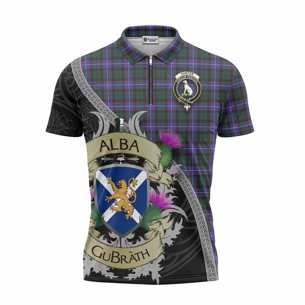 Tartan Vibes Clothing Hunter (Hunterston) Tartan Family Crest Zipper Polo Shirt Lion Rampant Royal Thistle Shield Celtic Inspired