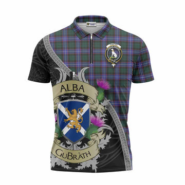 Hunter (Hunterston) Tartan Family Crest Zipper Polo Shirt Lion Rampant Royal Thistle Shield Celtic Inspired