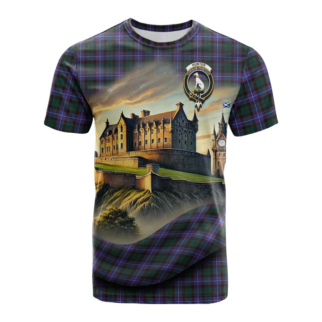 Tartan Vibes Clothing Hunter (Hunterston) Tartan Family Crest Cotton T-shirt with Scottish Ancient Castle Style