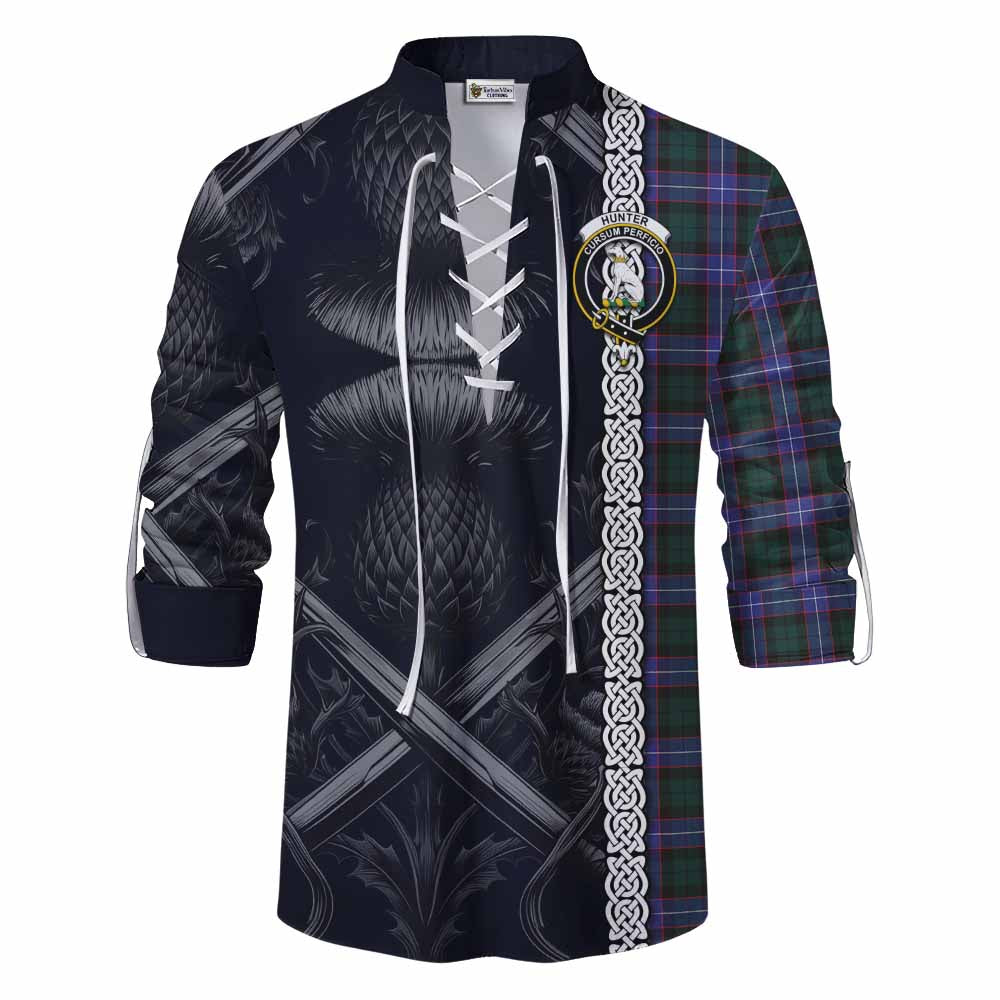 Tartan Vibes Clothing Hunter (Hunterston) Tartan Ghillie Kilt Shirt with Family Crest Cross Sword Thistle Celtic Vibes