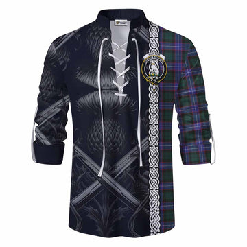 Tartan Vibes Clothing Hunter (Hunterston) Tartan Ghillie Kilt Shirt with Family Crest Cross Sword Thistle Celtic Vibes