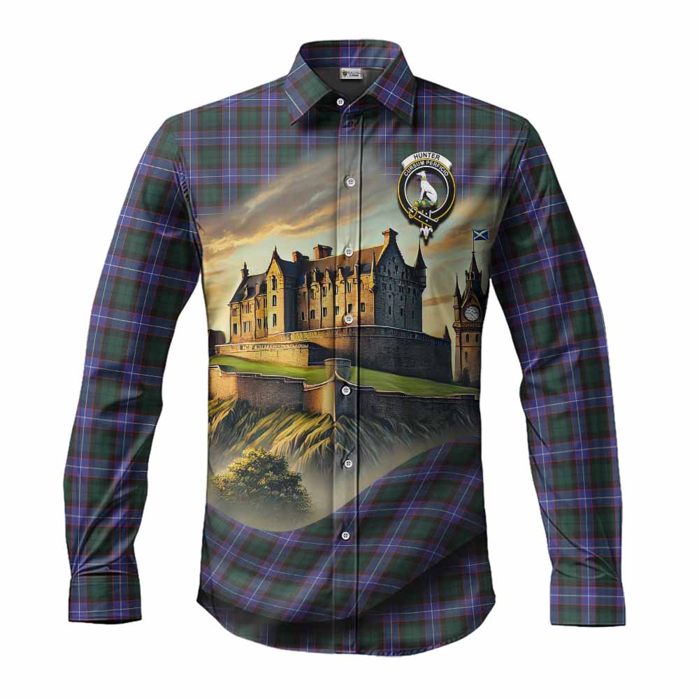 Tartan Vibes Clothing Hunter (Hunterston) Tartan Family Crest Long Sleeve Button Shirt with Scottish Ancient Castle Style