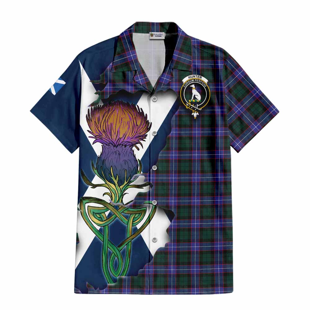 Tartan Vibes Clothing Hunter (Hunterston) Tartan Family Crest Short Sleeve Button Shirt Scottish Thistle Celtic Inspired