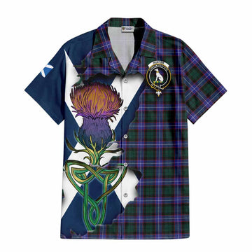Tartan Vibes Clothing Hunter (Hunterston) Tartan Family Crest Short Sleeve Button Shirt Scottish Thistle Celtic Inspired