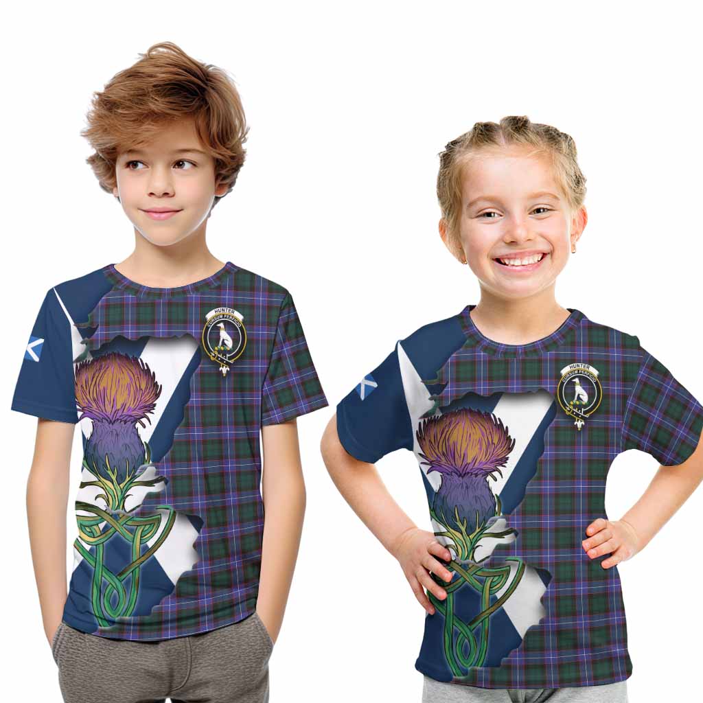 Tartan Vibes Clothing Hunter (Hunterston) Tartan Family Crest Kid T-Shirt Scottish Thistle Celtic Inspired
