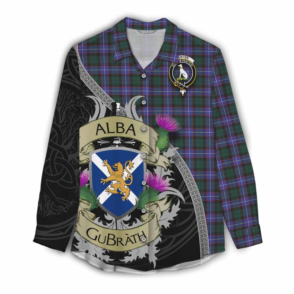 Tartan Vibes Clothing Hunter (Hunterston) Tartan Family Crest Women's Casual Shirt Lion Rampant Royal Thistle Shield Celtic Inspired