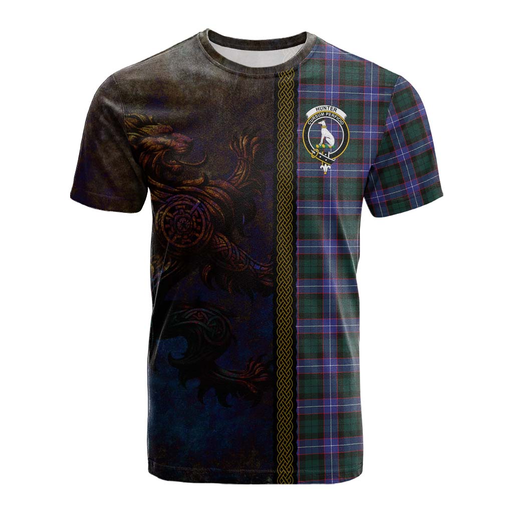 Tartan Vibes Clothing Hunter (Hunterston) Tartan Family Crest Cotton T-shirt Alba Gu Brath Be Brave Lion Ancient Style