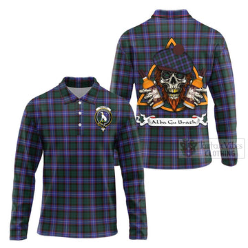 Tartan Vibes Clothing Hunter (Hunterston) Tartan Long Sleeve Polo Shirt with Family Crest and Bearded Skull Holding Bottles of Whiskey