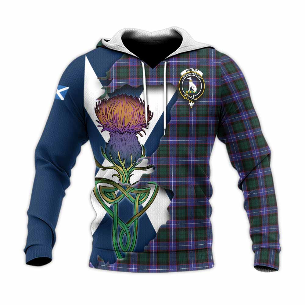 Tartan Vibes Clothing Hunter (Hunterston) Tartan Family Crest Knitted Hoodie Scottish Thistle Celtic Inspired