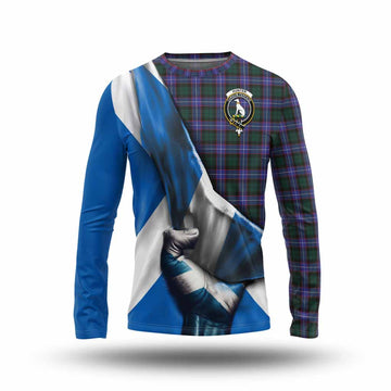 Tartan Vibes Clothing Hunter (Hunterston) Tartan Long Sleeve T-Shirt with Family Crest Scotland Patriotic Style